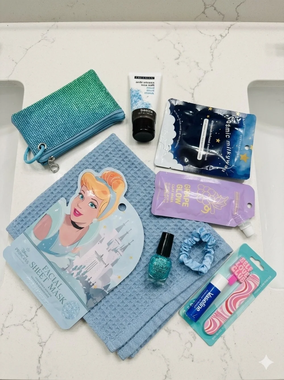 Blue Teal Cosmetic Pouch with nail polish bagcharm and self care items!!!! New